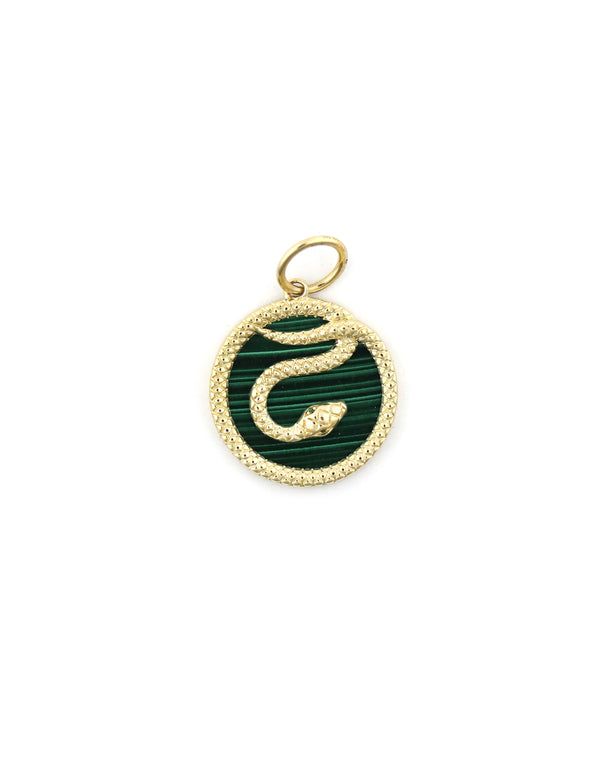 14K Gold Malachite Textured Snake Coin Charm