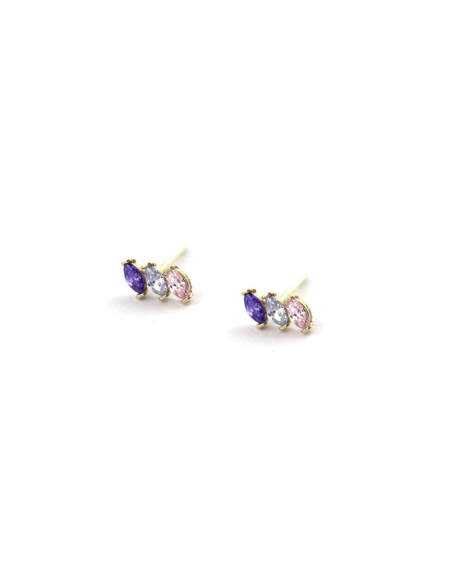 14K Gold Purple & Pink Mini 3 Marquise Crystal Studs