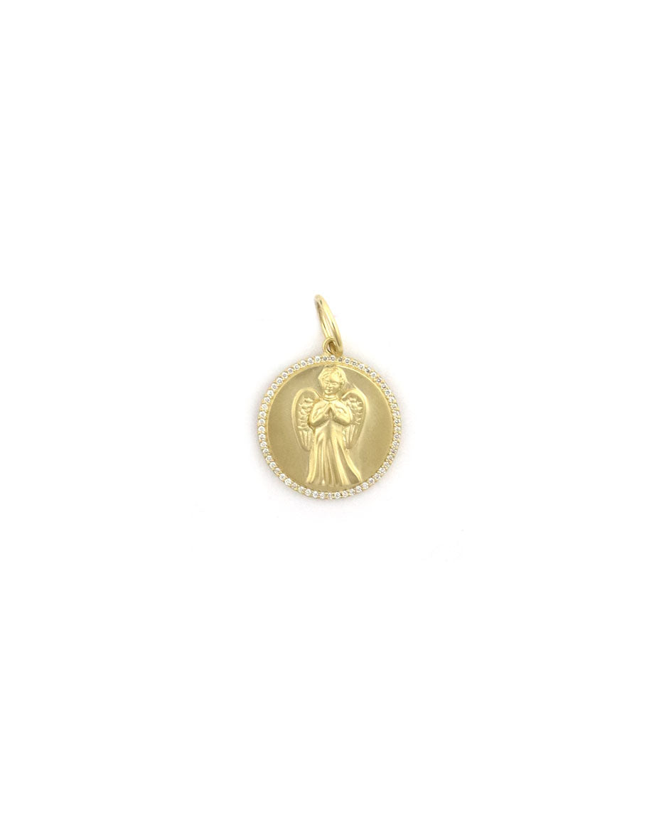 14K Matte Gold Diamond Angel Coin Charm
