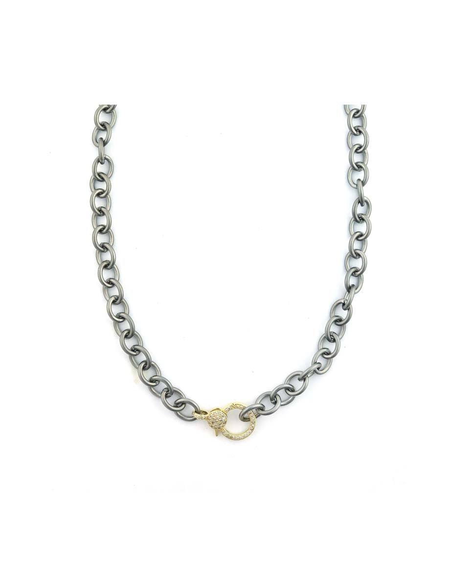 Large 14K Gold Diamond Lobster Lock & Matte Silver Link Necklace