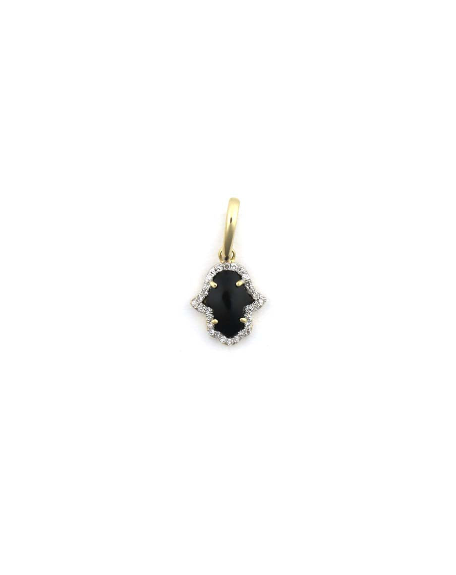 Mini 14K Gold Puffy Onyx Diamond Hamsa Charm