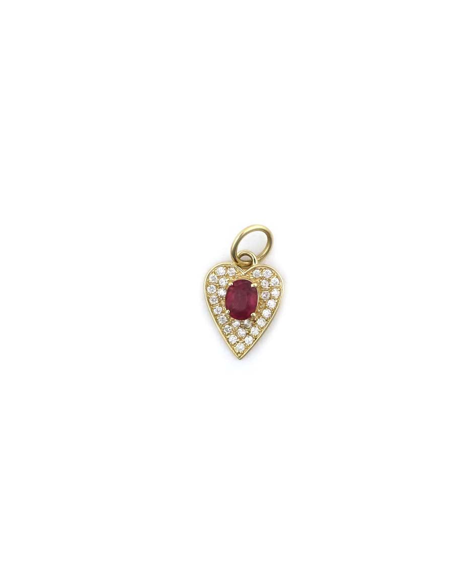 Small 14K Gold Oval Ruby Pave Diamond Heart Charm