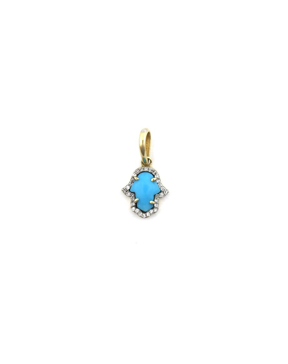 Mini 14K Gold Puffy Turquoise Diamond Hamsa Charm