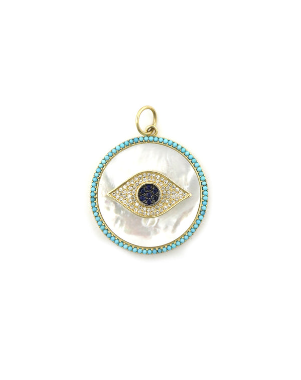 14K Gold Mother of Pearl Turquoise Framed Evil Eye Charm