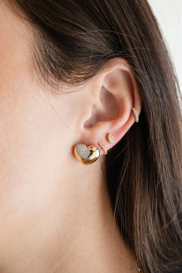 14K Gold Puffy Diamond Top Heart Studs