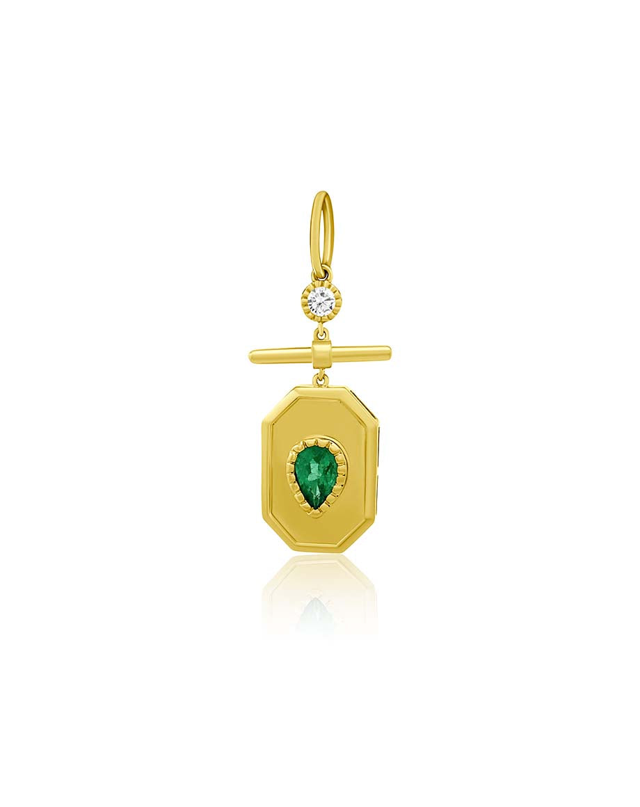 14K Gold Pear Emerald Diamond Square Toggle Charm