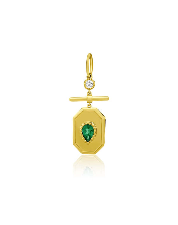 14K Gold Pear Emerald Diamond Square Toggle Charm