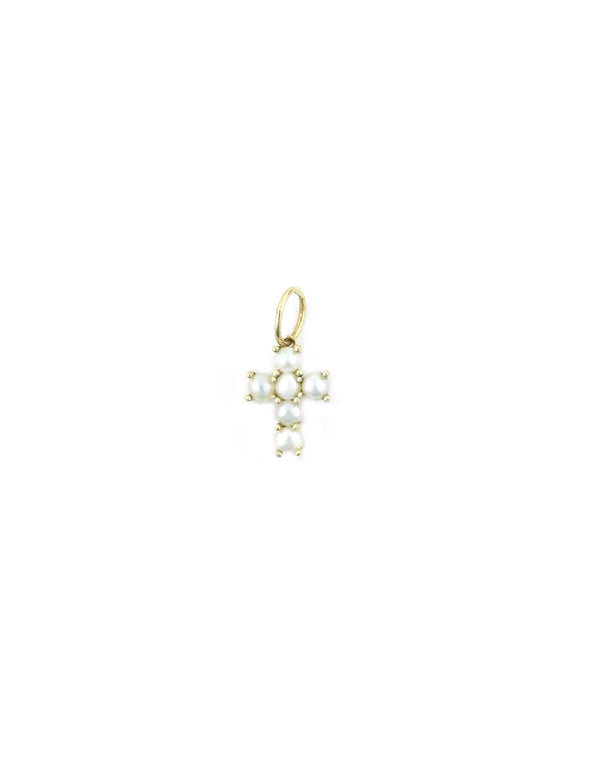 14K Gold Mini Pearl Cross Charm