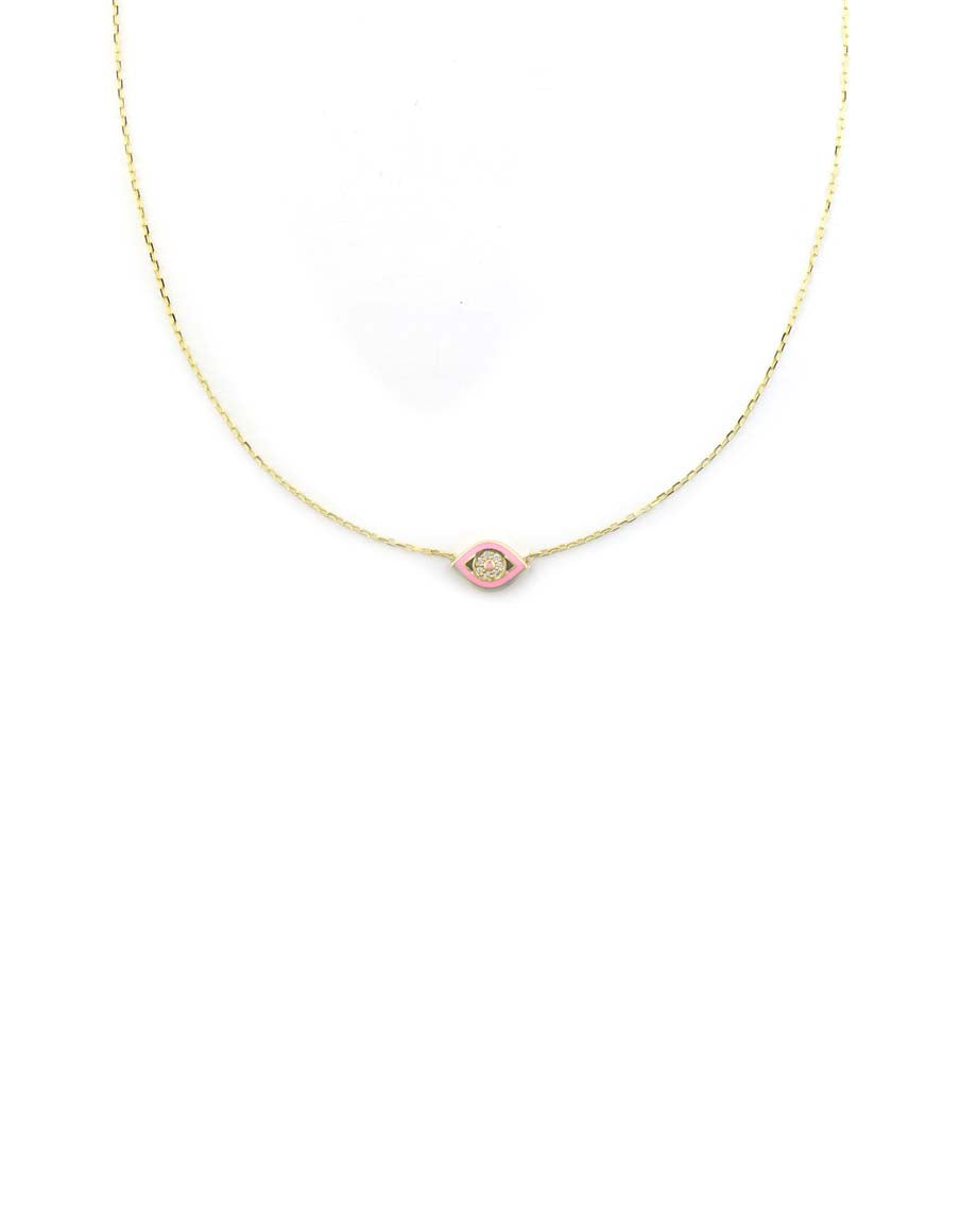 14K Gold Greek Baby Pink Enamel Evil Eye Necklace