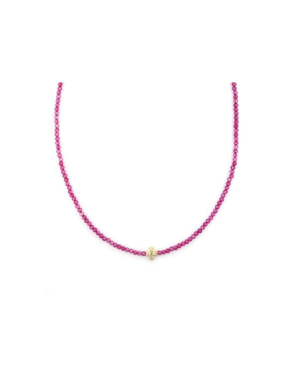 14K Mini Diamond Cross Pink Topaz Necklace