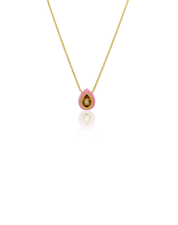 14K Gold Pink Enamel Citrine Teardrop Necklace