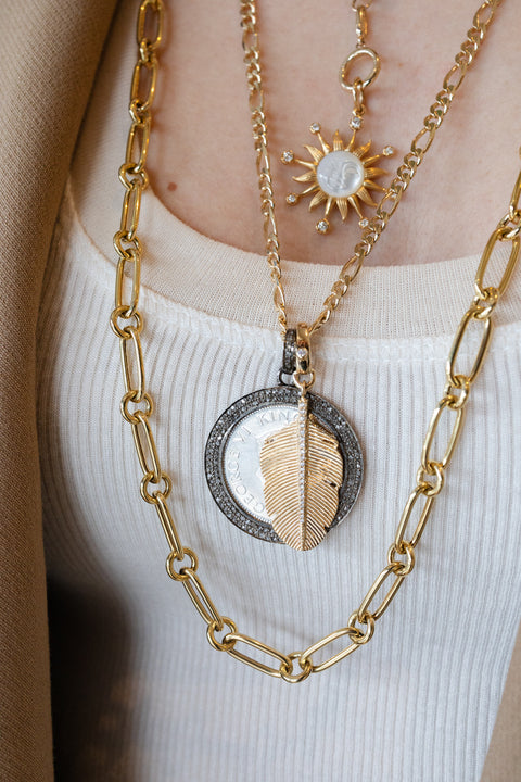 14K Gold Ridged Diamond Feather Clasp Charm