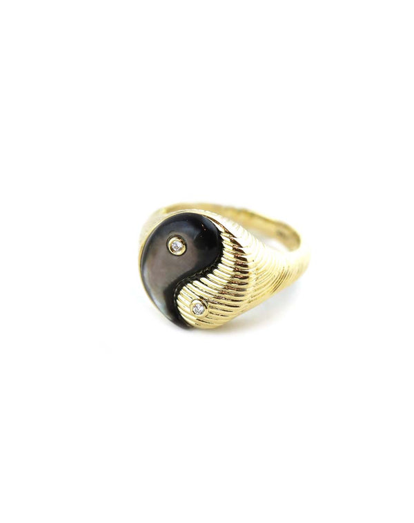 14K Gold Mother of Pearl Diamond Yin Yang Ring