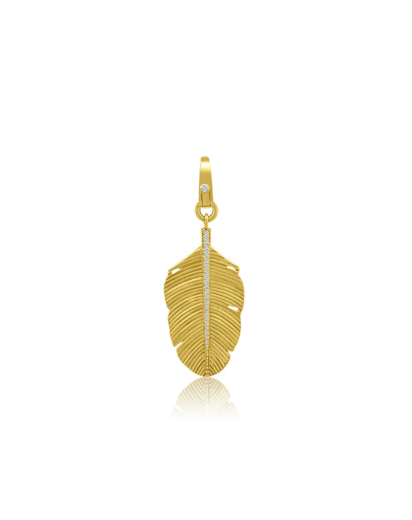 14K Gold Ridged Diamond Feather Clasp Charm