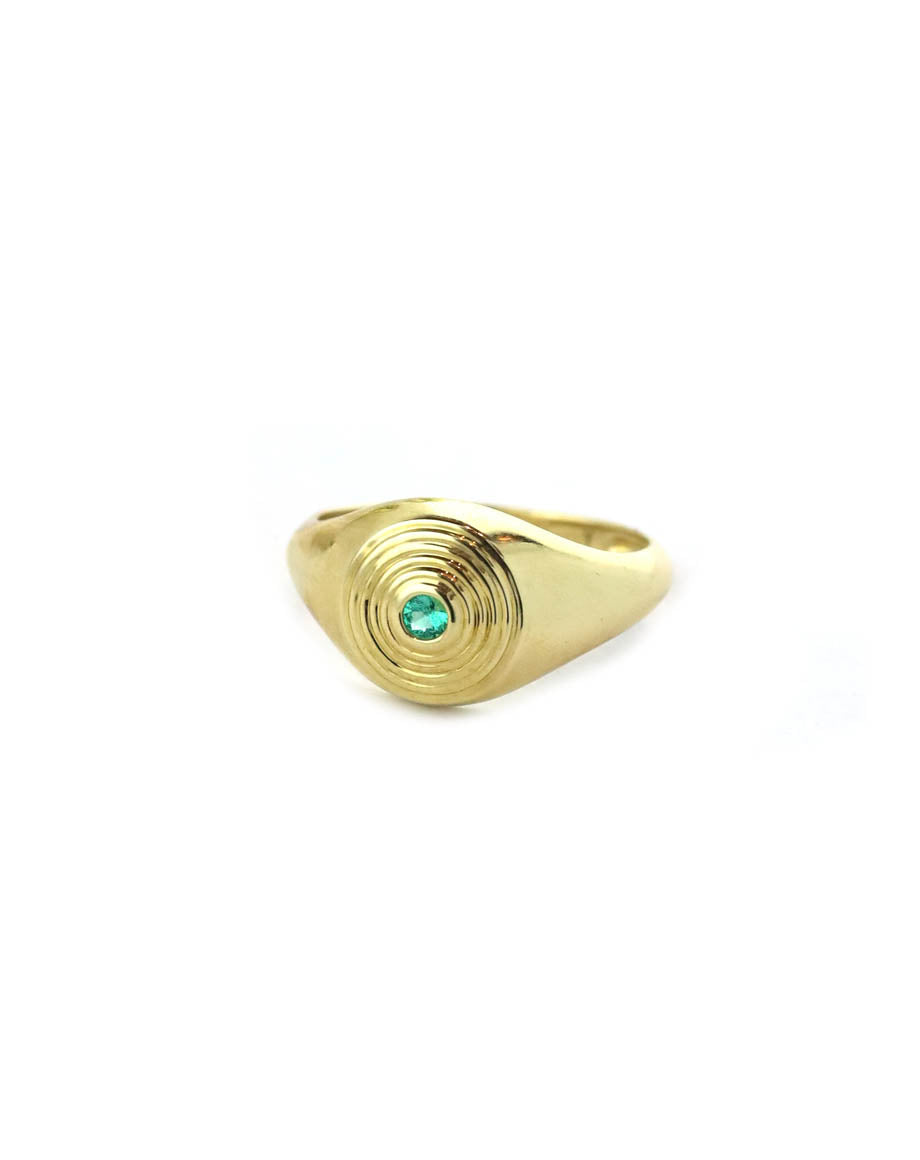 14K Gold Swirl Ridged Emerald Signet Ring