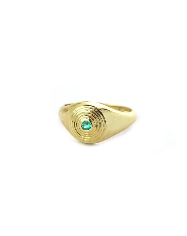 14K Gold Swirl Ridged Emerald Signet Ring