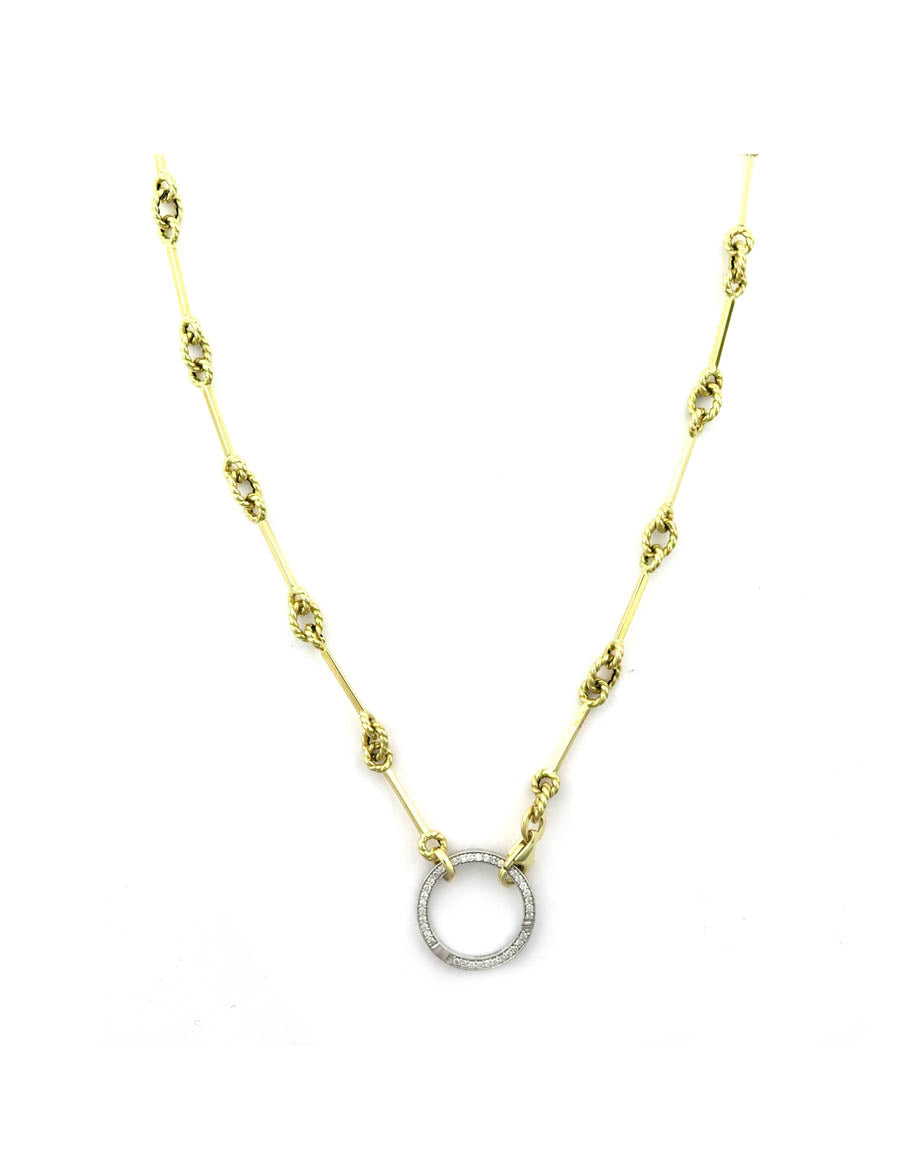 14K Gold Textured Oval + Bar Link 17mm Diamond Lock Necklace