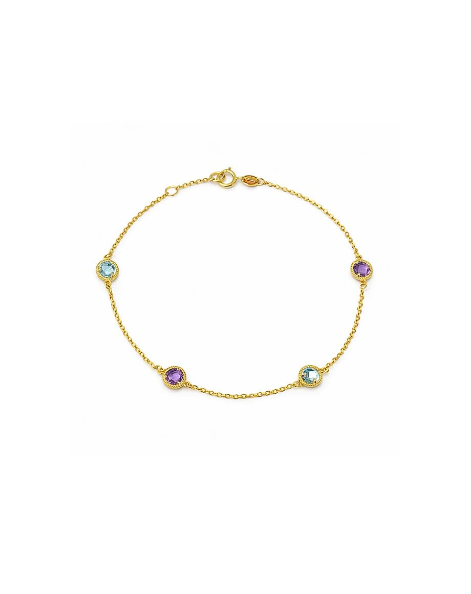 14K Gold Round Amethyst + Blue Topaz Bracelet