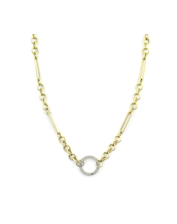 14K Gold Long + Round Link 17mm Diamond Lock Necklace