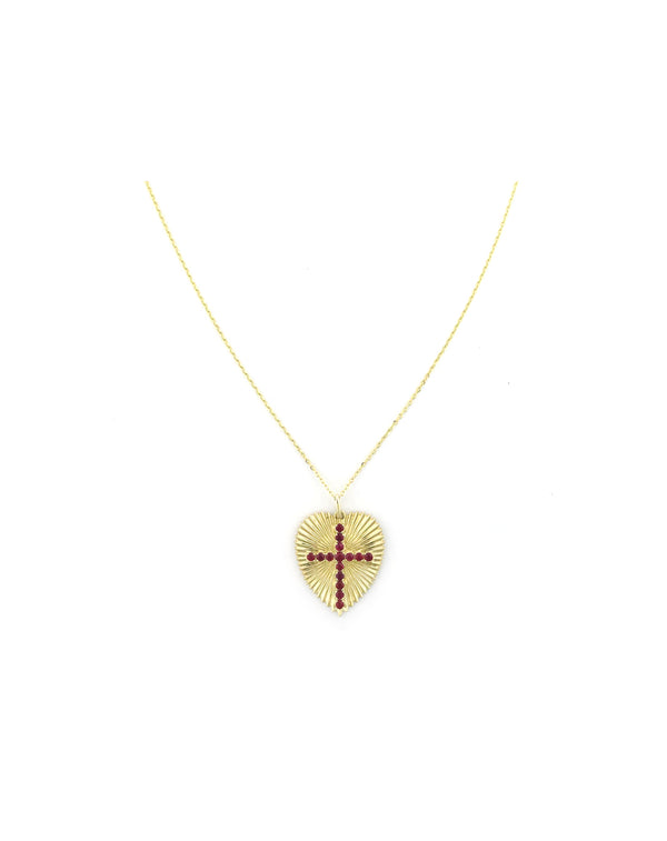 14K Gold Fanned Heart Ruby Cross Necklace