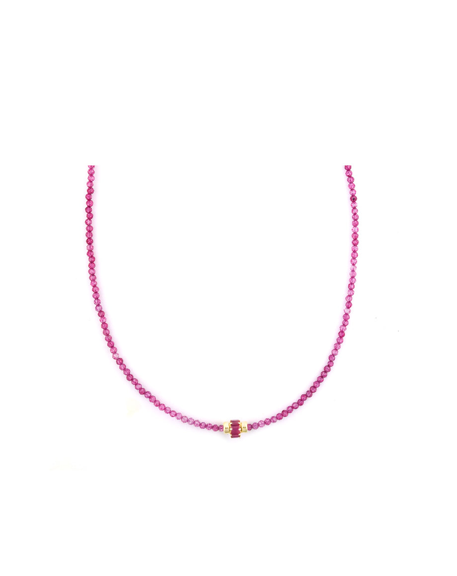 14K Gold Ruby Spacer Pink Topaz Beaded Necklace