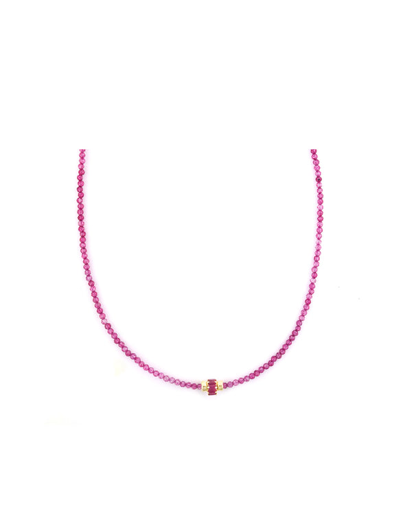 14K Gold Ruby Spacer Pink Topaz Beaded Necklace