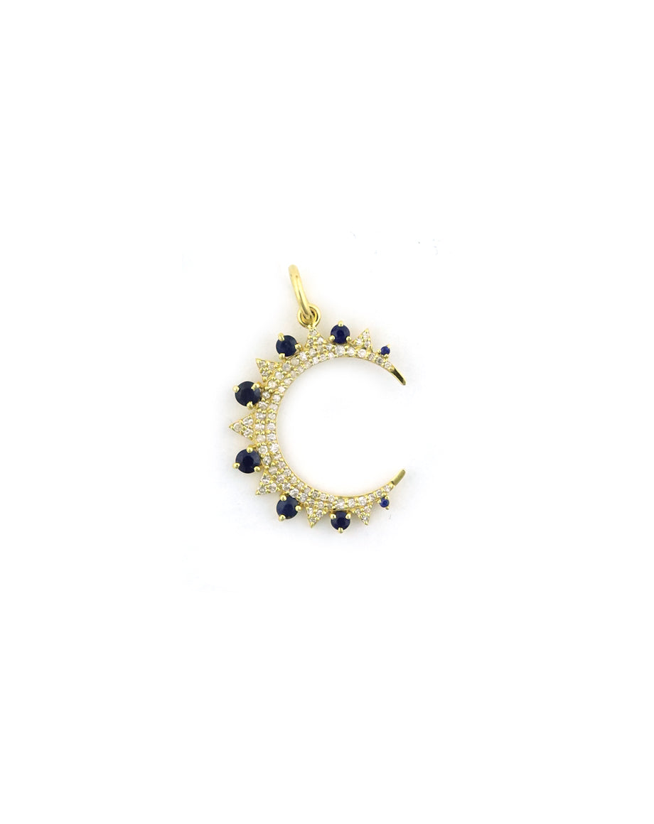 14K Gold Sapphire & Diamond Crescent Moon Charm