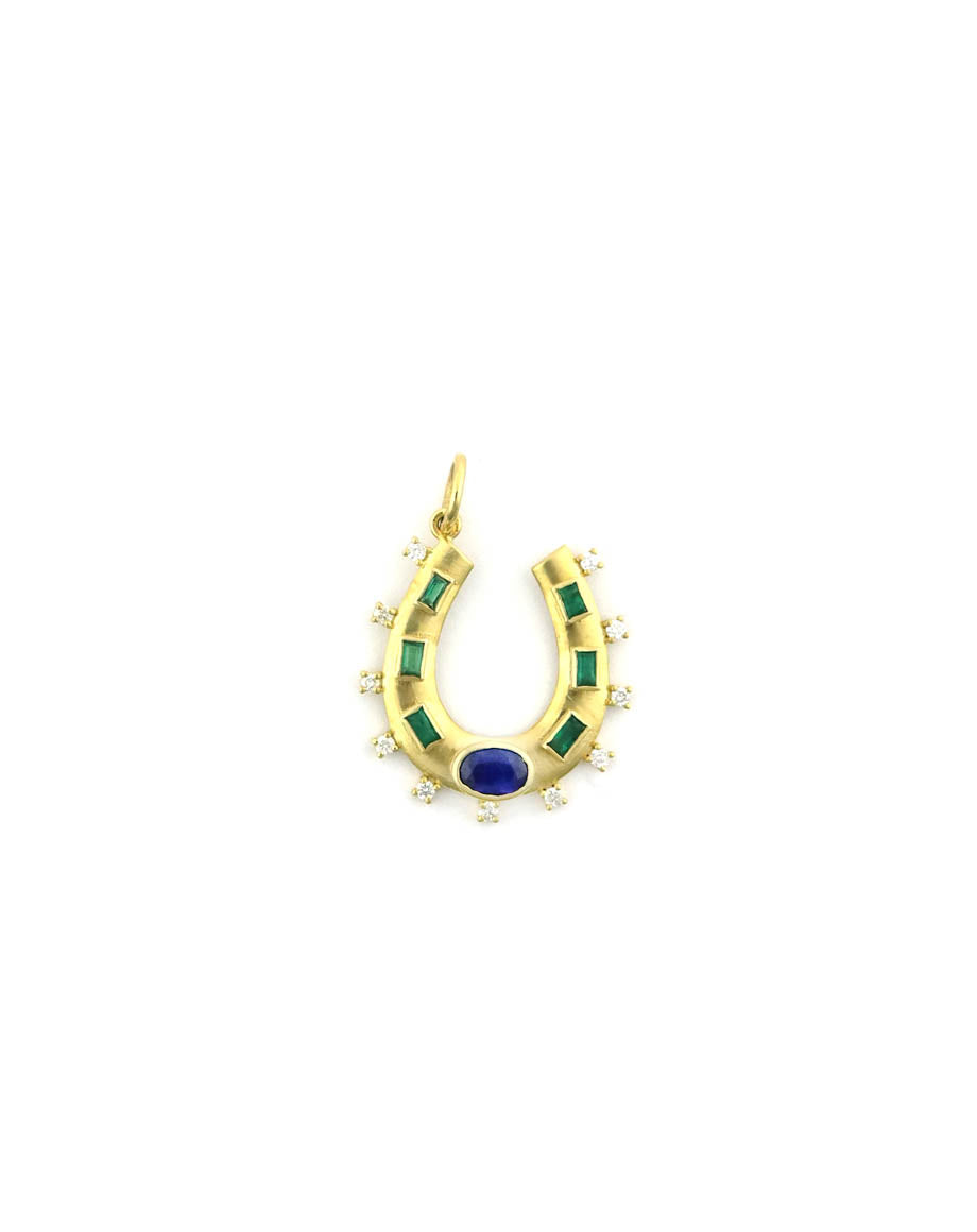 Diamond Edge 14K Gold Emerald & Oval Sapphire Horseshoe Charm