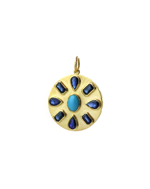 14K Matte Gold Sapphire Turquoise Coin Charm