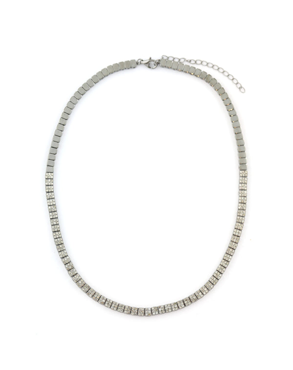 Silver Pave Diamond Rectangle Tennis Necklace