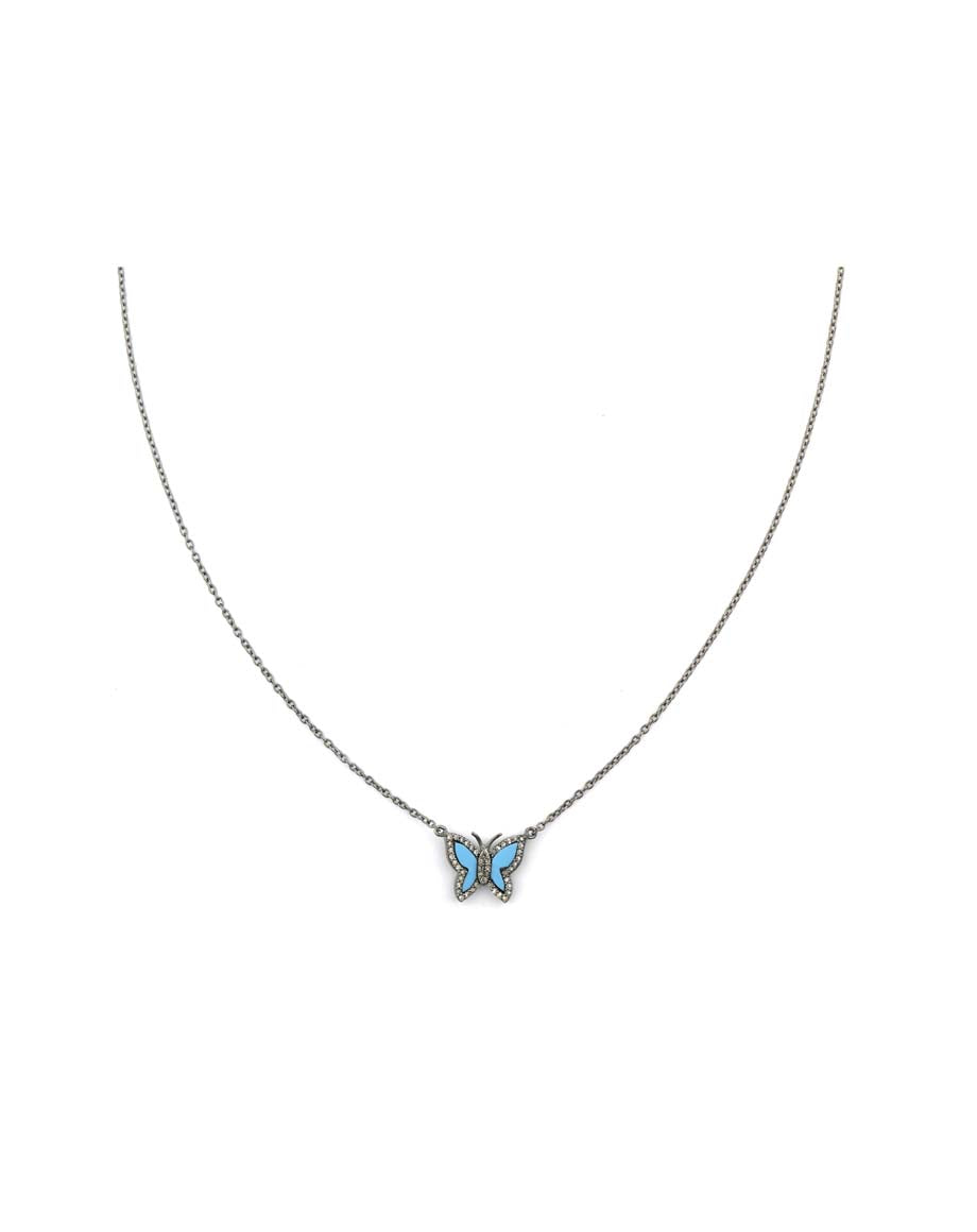 Small Silver Diamond Turquoise Butterfly Necklace