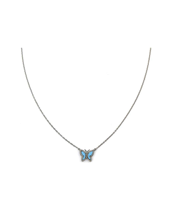 Small Silver Diamond Turquoise Butterfly Necklace