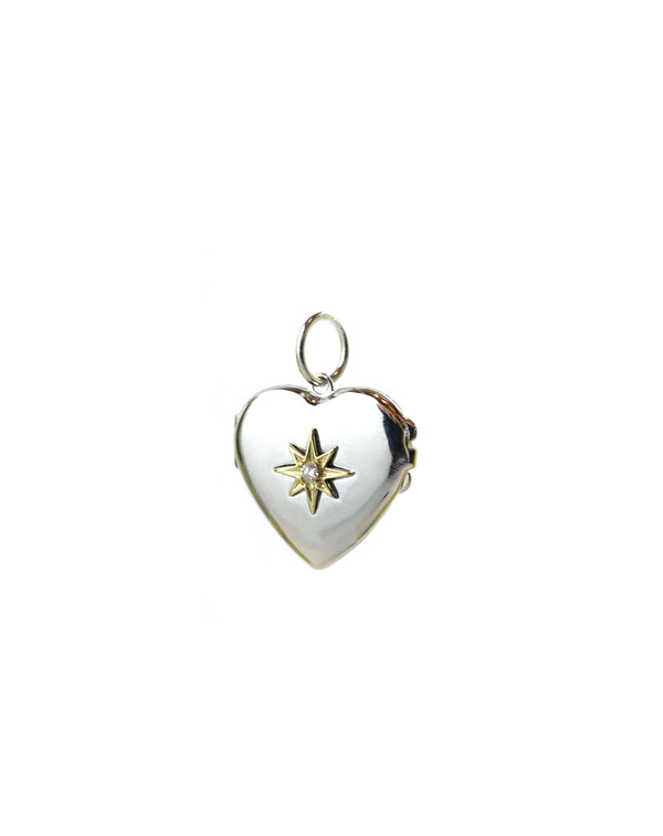 Silver & 14K Gold Etched Starburst Heart Locket Charm