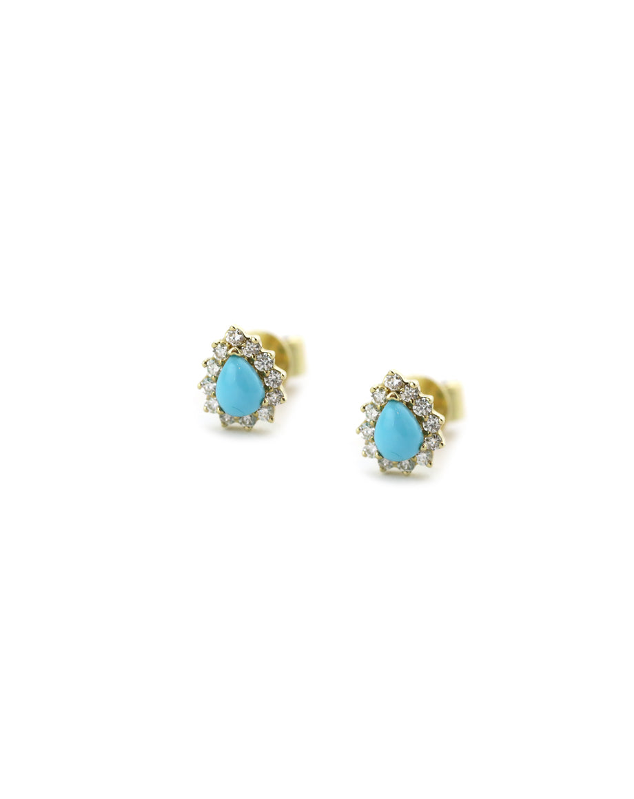 14K Gold Tiny Pear Turquoise Diamond Studs