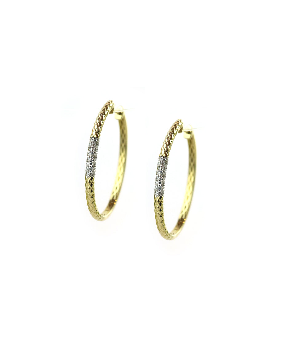14K Gold Texture Two Toned Diamond Oval Hoops