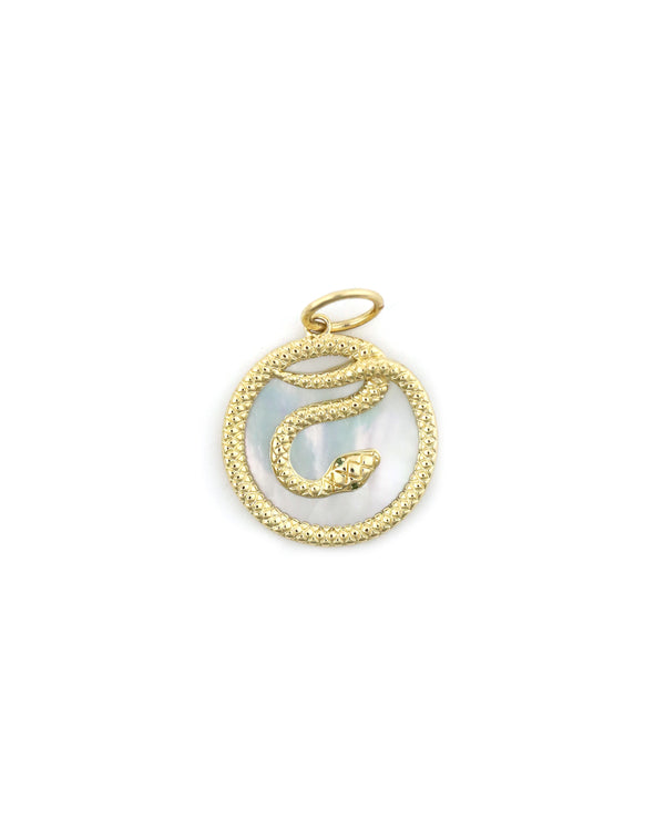 14K Gold Mother of Pearl Textured Snake Coin Charm