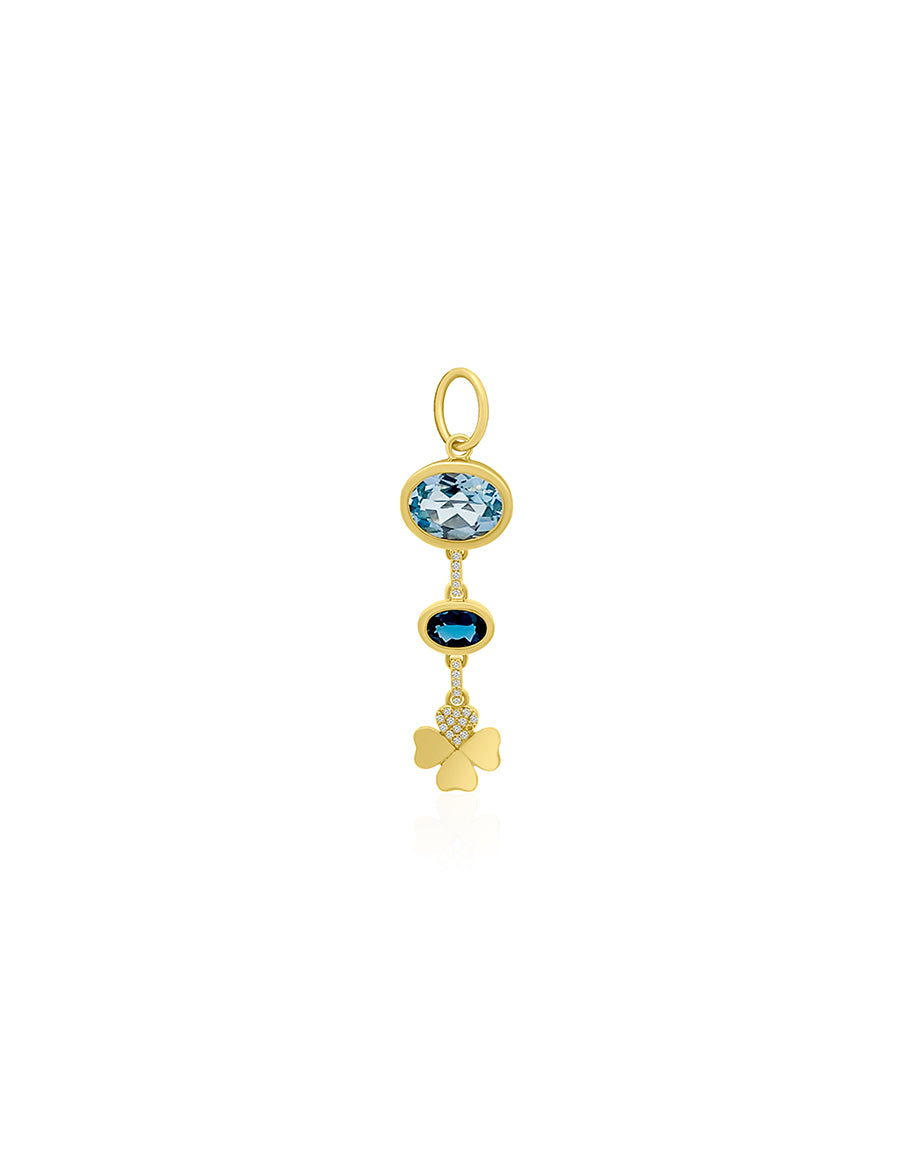 14K Gold Blue Topaz Diamond Clover Drop Charm