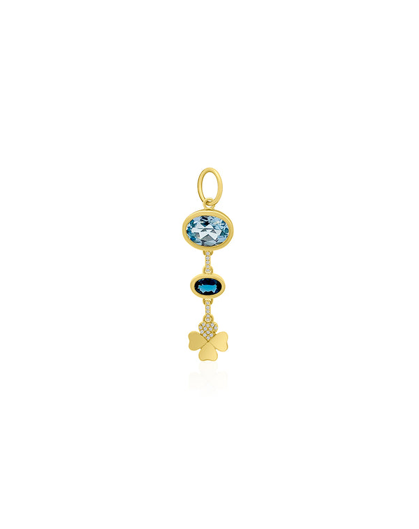 14K Gold Blue Topaz Diamond Clover Drop Charm