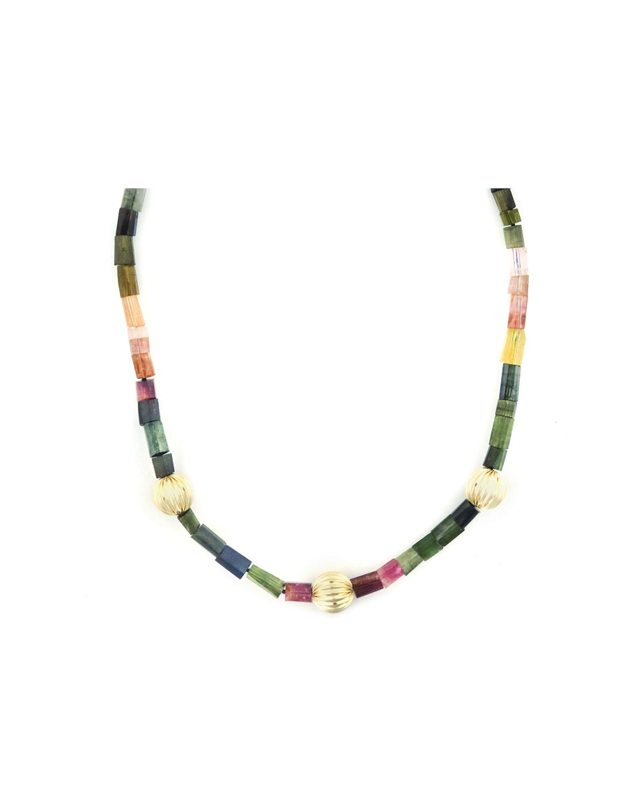 Watermelon Tourmaline Fluted Rondelle Beaded Necklace