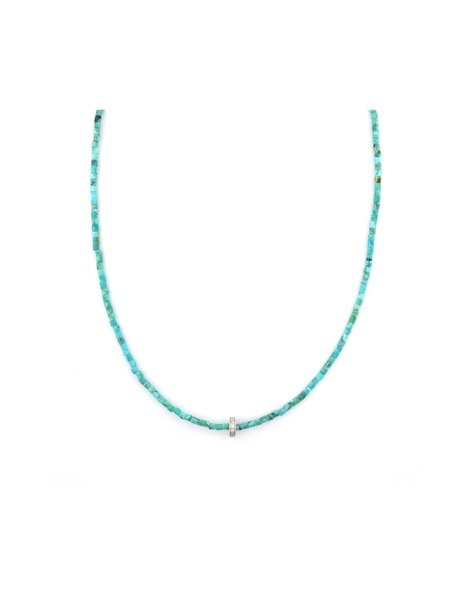 14K White Gold Diamond Spacer Tube Turquoise Necklace