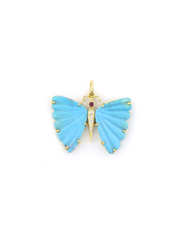 14K Gold Carved Turquoise Butterfly Charm