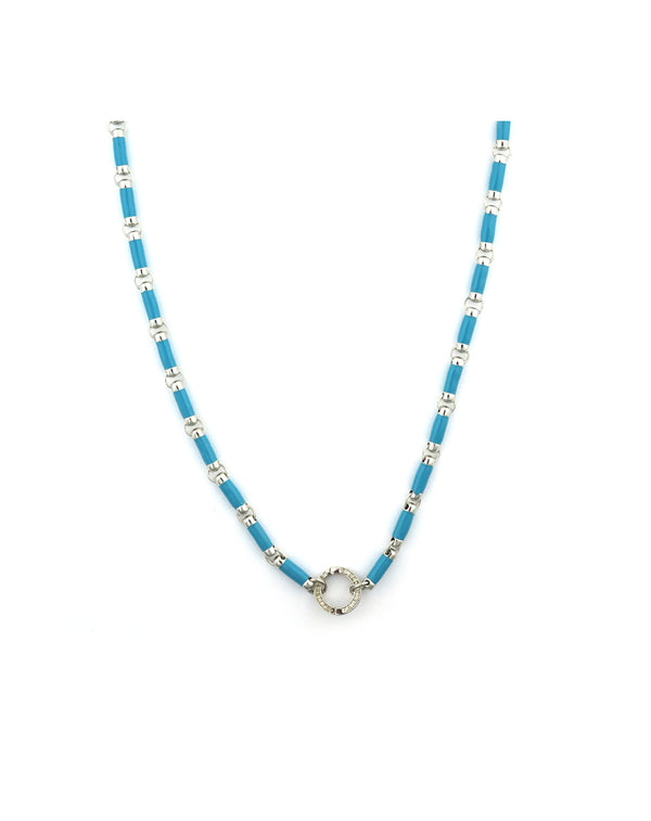 Silver Diamond Turquoise Enamel Lock Necklace
