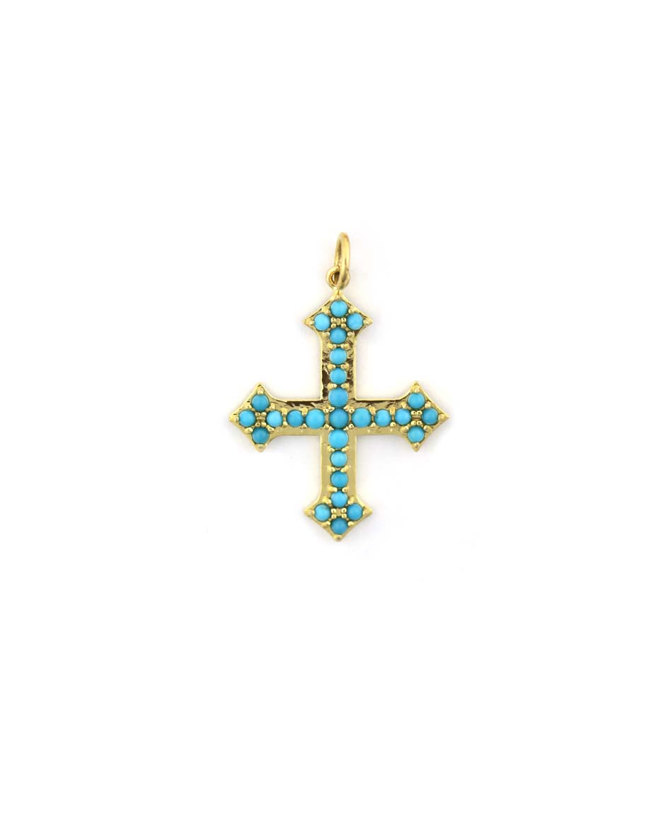 14K Gold Thick Gothic Turquoise Cross Charm