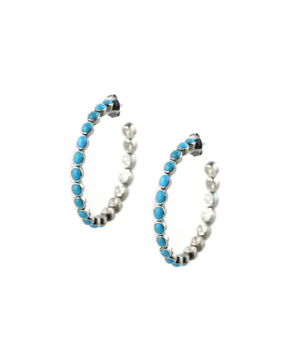 Silver Turquoise Inside Out Polki Diamond Hoop Earrings