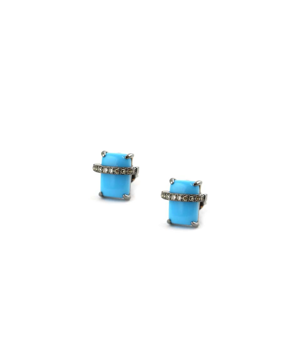 Silver Small Turquoise Rectangle Diamond Studs