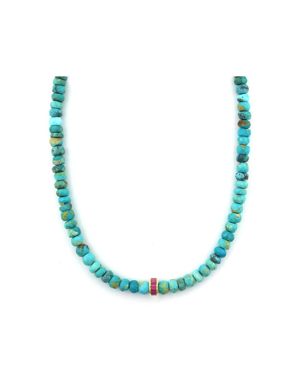 14K Gold Ruby Spacer Turquoise Beaded Necklace