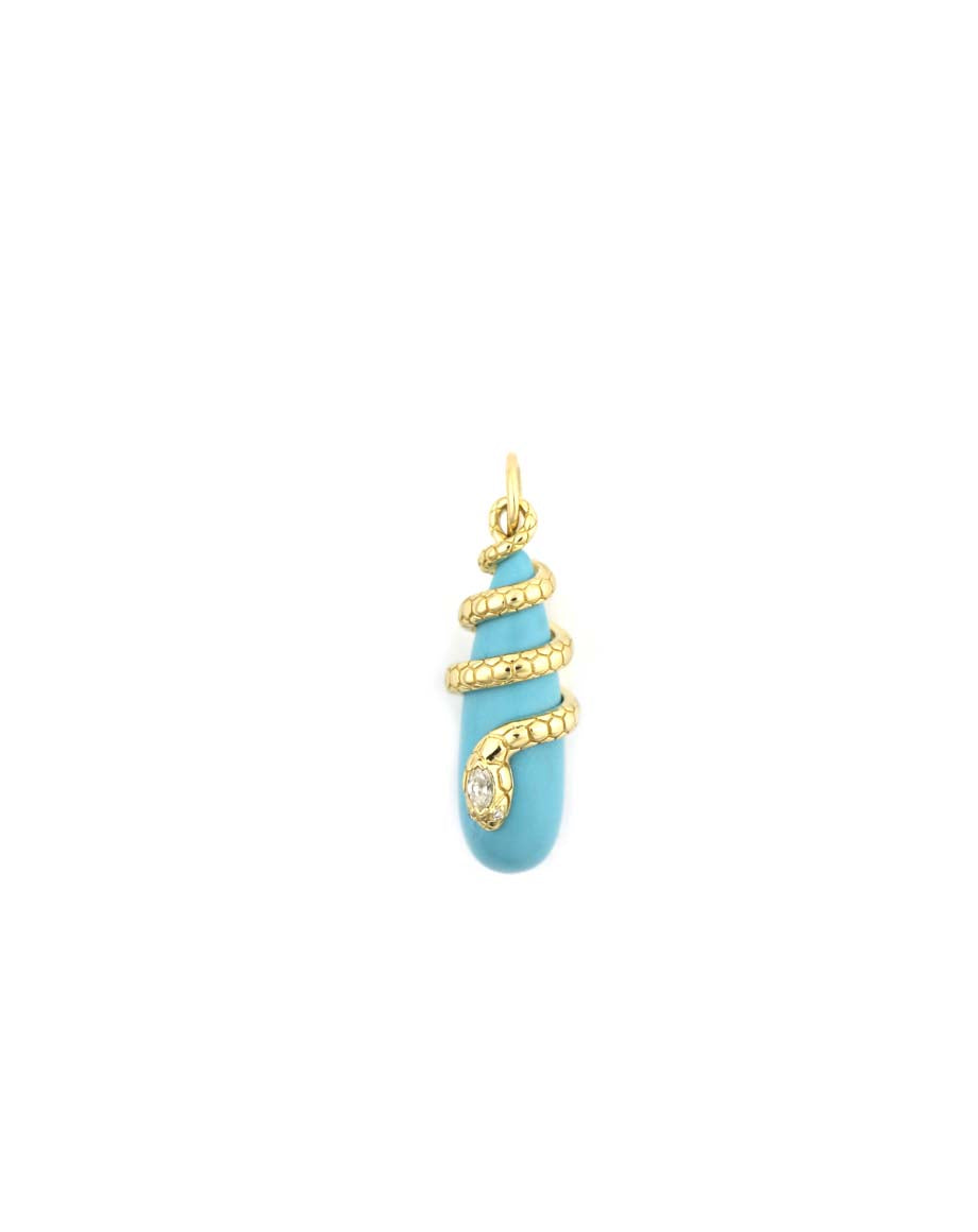 14K Gold Diamond Snake Wrapped Turquoise Teardrop Pendant