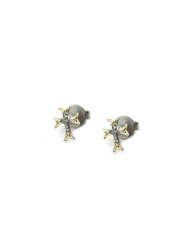 14K Gold & Silver Tiny Diamond Gothic Cross Studs