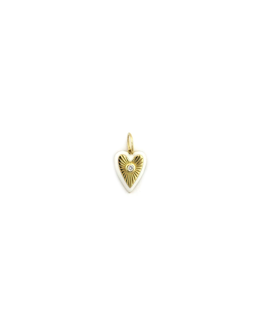 14K Gold White Enamel Edge Diamond Heart Charm