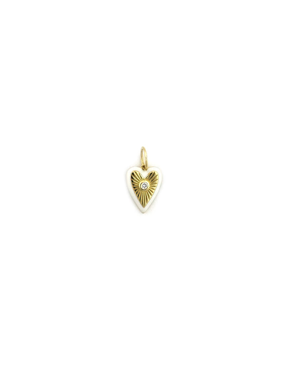 14K Gold White Enamel Edge Diamond Heart Charm